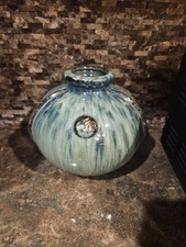 Art Pottery Sphere Vase Round Teal Blue Drip Glaze 8.5