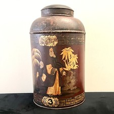 Antique Chinoiserie Toleware Hand painted Large Tea Canister with Asian Motif picture
