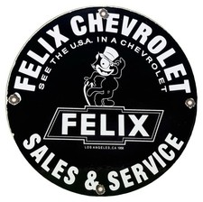 VINTAGE FELIX CHEVROLET PORCELAIN SIGN SEE THE USA IN A CHEVROLET SALES SERVICE picture