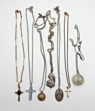 6 Vtg Catholic Religious Necklace Lot Lapis Lazuli Cross Reliquary Madonna Medal picture