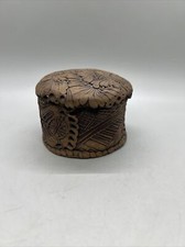 Vintage Clay Studio Pottery Trinket Box Carved Ceramic Floral Brutalist Jar 3