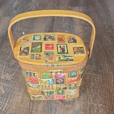 Vintage Stamps Basket Purse Wood & Fabric Storage Basket w/ Handle & Lid picture
