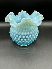Vintage Fenton Blue Opalescent Hobnail Glass Vase with Ruffled Edge 5” Preowned picture