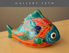 VINTAGE ABSTRACT PAINTED FISH SCULPTURE ORIG POTTERY MID CENTURY ART 60'S BIRD picture