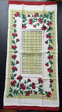 Vintage Linen Tea Towel Red Thistle & Green w/Trim 16x33 picture