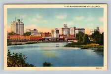 Flint, MI-Michigan, Flint River & Skyline, Vintage Postcard picture