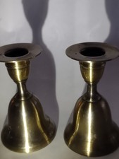 Heavy Solid Brass Bell Candle Holders Pair Vintage Taper Candlestick Hand Bell picture