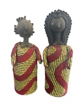 Vintage African Clay Head Dolls Pair Terracotta Folk Art Ankara Fabric Body 8