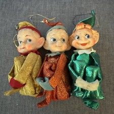 Vintage Japan Knee Hugger Christmas Elf Ornaments Rubber Face Cloth Body Set 3 picture