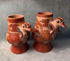 2 Vintage Mexican Indian Terracotta Red Clay Vases Decor Painted Birds Handle picture