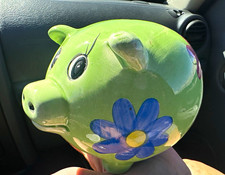 Classic pig piggy bank with plug green with colorful flowers vintage MCM style picture