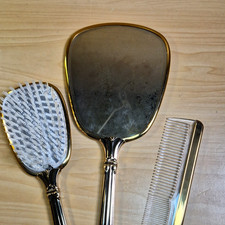 Vintage Matson Gold Bamboo Vanity Set Hand Mirror Hair Brush Comb 1950s MCM picture