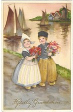 Vintage Greetings Postcard  Hjartlig Gratulation Heartfelt Congratulations picture