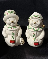 Lenox Holiday Green/Red Holly Snowman Salt & Pepper Shaker Set w Gold Accents picture