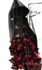 5 Ft. Blk Halloween Tree with Orange Lights; Gld Witch Bodice, Blk Hat & Broom  picture