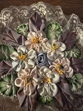 Vintage Ribbon Work Roses French Ombré Ruffles Applique F19 picture