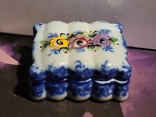 Vtg Beautiful Mini Vestal Alcobaca Trinket Box Made in Portugal Blue with Rose picture