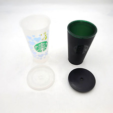 Starbucks Cups with Lids Solid Black and Custom Stickers Lot of 2 Tumblers 24 Oz picture