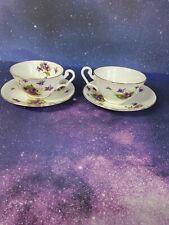 2 Clarence Purple Violets Flower Gold Rim English Bone China Teacups & Saucers picture