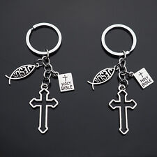 2pcs Hollow Cross Jesus Fish Christian Holy Bible Charms Keychain Key Chain Ring picture