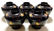 Lacquerware: Aizu lacquerware, dark red with camellia pattern, set of 5 Japan picture