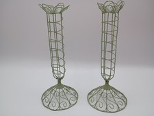 Vtg Pair French Style Green Wire Dried Flower Vases / Candle holders Unique picture