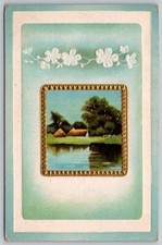 Vintage countryside cottage pond embossed floral detail Postcard picture
