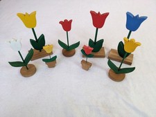 8 Vtg Handmade Wooden Tulips Shelf Sitter Folk Art Country Decor Hand Painted picture