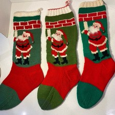3 Vintage Kris Kringle / Santa Claus Handmade Knit Christmas Stockings 22