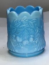 Vintage Blue Slag Glass Tooth Pick Holder Cherries picture