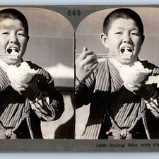 1905 Japan Handsome Young Man Eating Rice w Chopsticks Stereoview Real Photo V31 picture