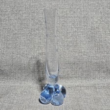 Vtge Etched Floral Light Blue Hand blown Cloverleaf Base Delicate Small Bud Vase picture