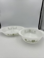 VTG Glasbake White Green Daisy Casserole & Divided Set J514 & J2352 Made In USA picture