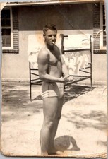Vintage 1953 Photo Man in Swim Trunks Smoking Camp Lejeune NC Bob Muscular picture