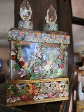 Stunning Antique French Cut Crystal and Champlevé Perfume Bottle Set picture