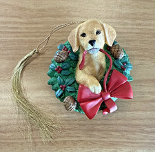 2000 Lenox A Golden Christmas Ornament Golden Retriever Dog in Wreath Red Bow picture