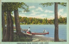 Indian Lake, Ohio Rare Linen Postcard Greetings From Canoe Boat Scenic View picture