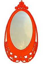 Flaming Atomic Orange Lacquered Retro Oval Scrolled Burwood Mirror 60s Heavy 36” picture