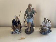 3 Vintage Chinese Shiwan Mudman Glazed Clay Fisherman Statues w 2 rods & fish** picture
