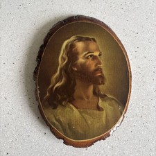 Vintage Jesus Christ Wood Slice Bark Edge Wall Hanging Religious Art Print Lodge picture