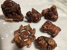 Hand Carved Wooden Netsuke Figurines Japanese Burl Wood (6) picture