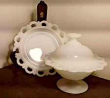 Milk Glass Anchor Hocking Lace Edge Milk Glass Footed Compote W Lid & Plate picture