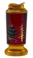 Vintage Red Lacquer Table Lighter Gold Pagoda Asian Scene Brass Base MCM picture