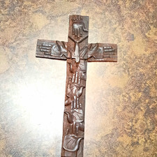 Hand-Carved Wooden Christian Wall Cross Hanging Dark Brown Christianity picture