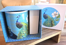 Fringe Studio Floral Peacock 14 oz Ceramic Coffee Mug New In Box Gift Bird picture