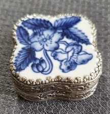 Vintage Bombay Company Blue White Porcelain silver Floral Trinket Box Mirror picture