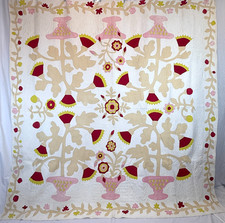 Antique c1870 Potted Flowers Urn Applique Quilt Trapunto Hand Quilted 92