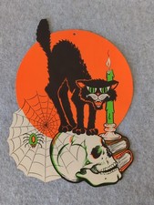 Vintage Beistle Halloween die cut - Black CAT skull SPIDER web picture