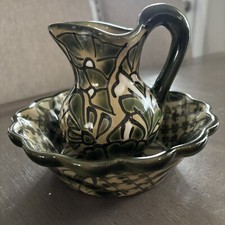 Mexico Hand Painted Green Clay Ceramic 5” Pitcher & Scallop 7” Bowl Set picture
