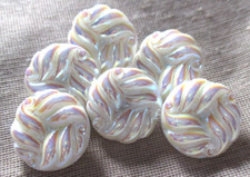 NOS 1940s SET 6 PUFFED SILVER IRRIDESCENT PASTEL SWIRLS WHITE GLASS BUTTONS  19m picture
